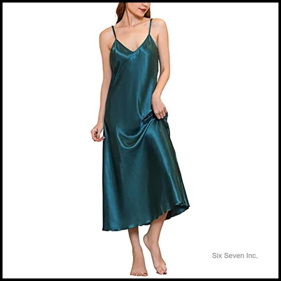 Satin Nightgown Long Slip Dress V Neck Adjustable Straps Elegant Sleepwear - Picture 3 of 5
